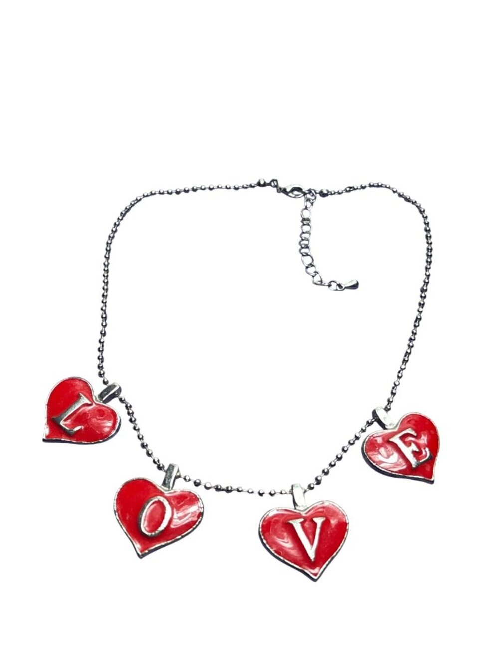 Love Red Enamel Hearts Charm Necklace Silvertone Ball Chain Lobster Clasp